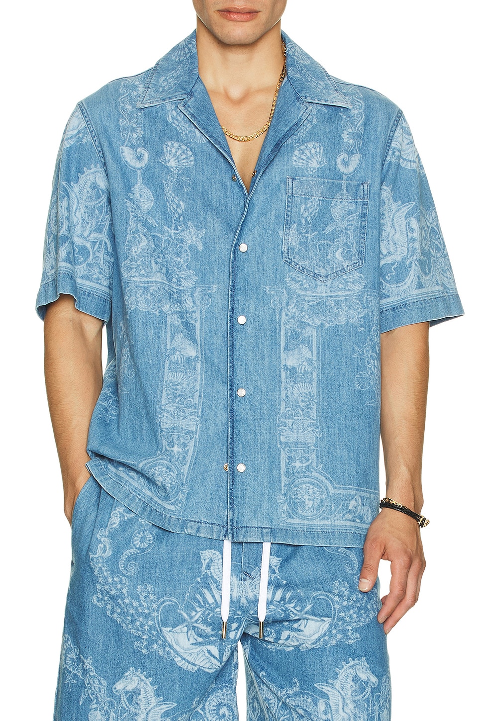 Image 3 of VERSACE Laser Denim Holiday Print Shirt in Washed Medium Blue