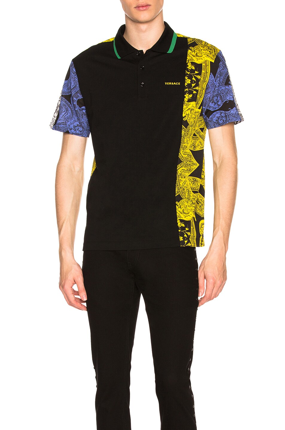 Image 1 of VERSACE Printed Polo in Black & Yellow