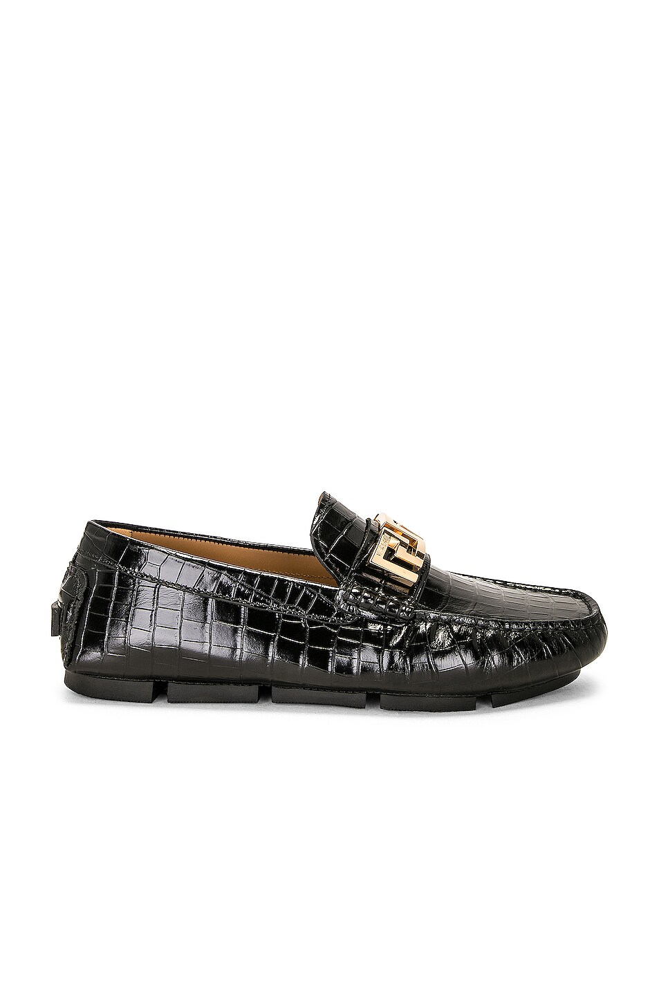 VERSACE Driver Loafer in Black & Gold FWRD