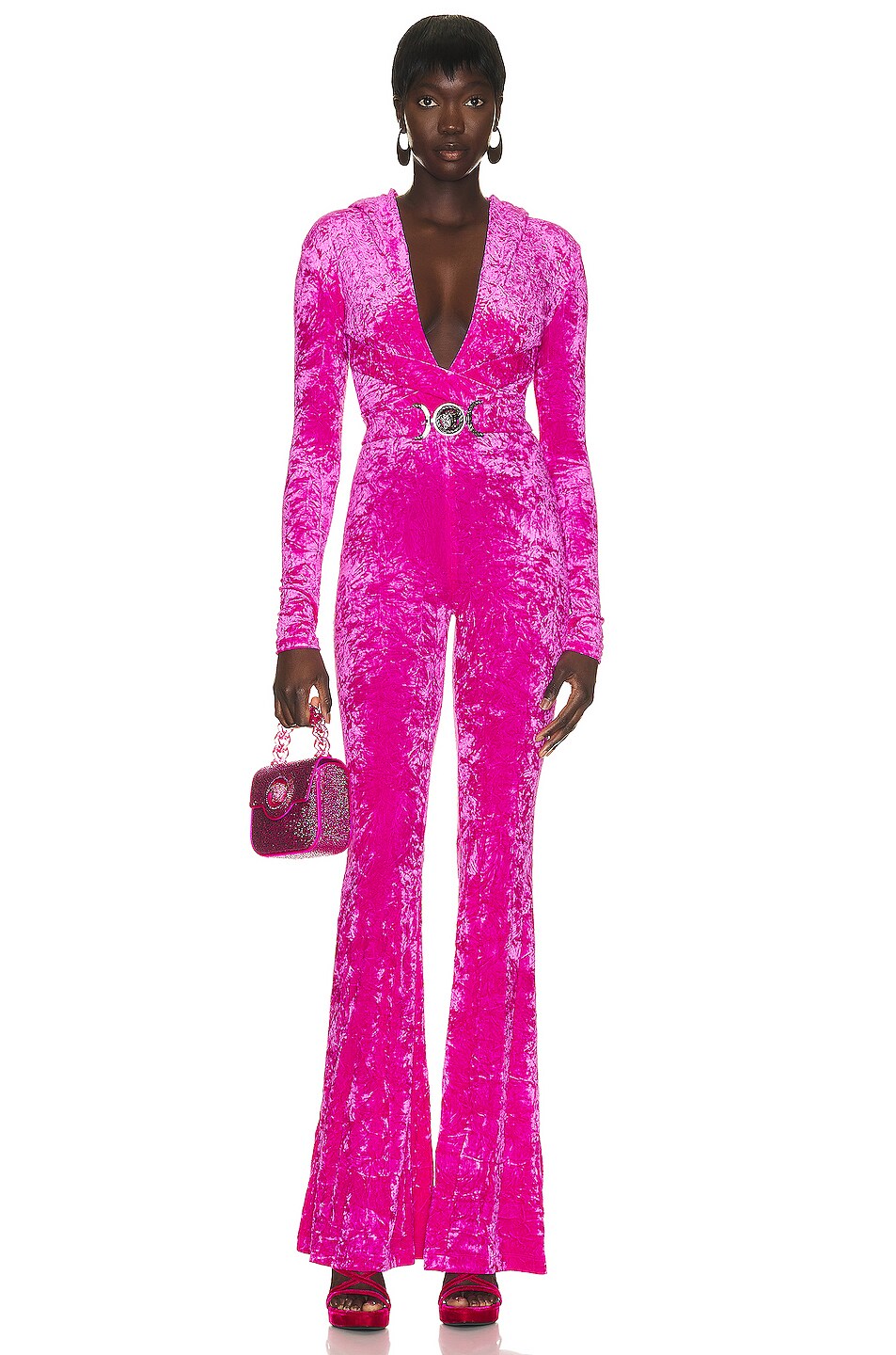 Image 1 of VERSACE Hooded Velvet Jumpsuit in Glossy Pink