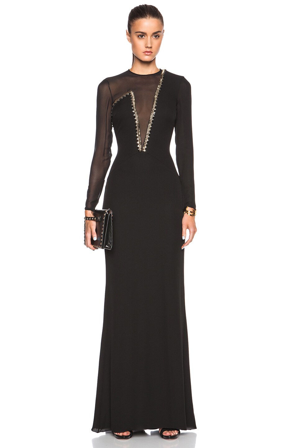 Image 1 of VERSACE Plunging Neck Mesh Gown in Black