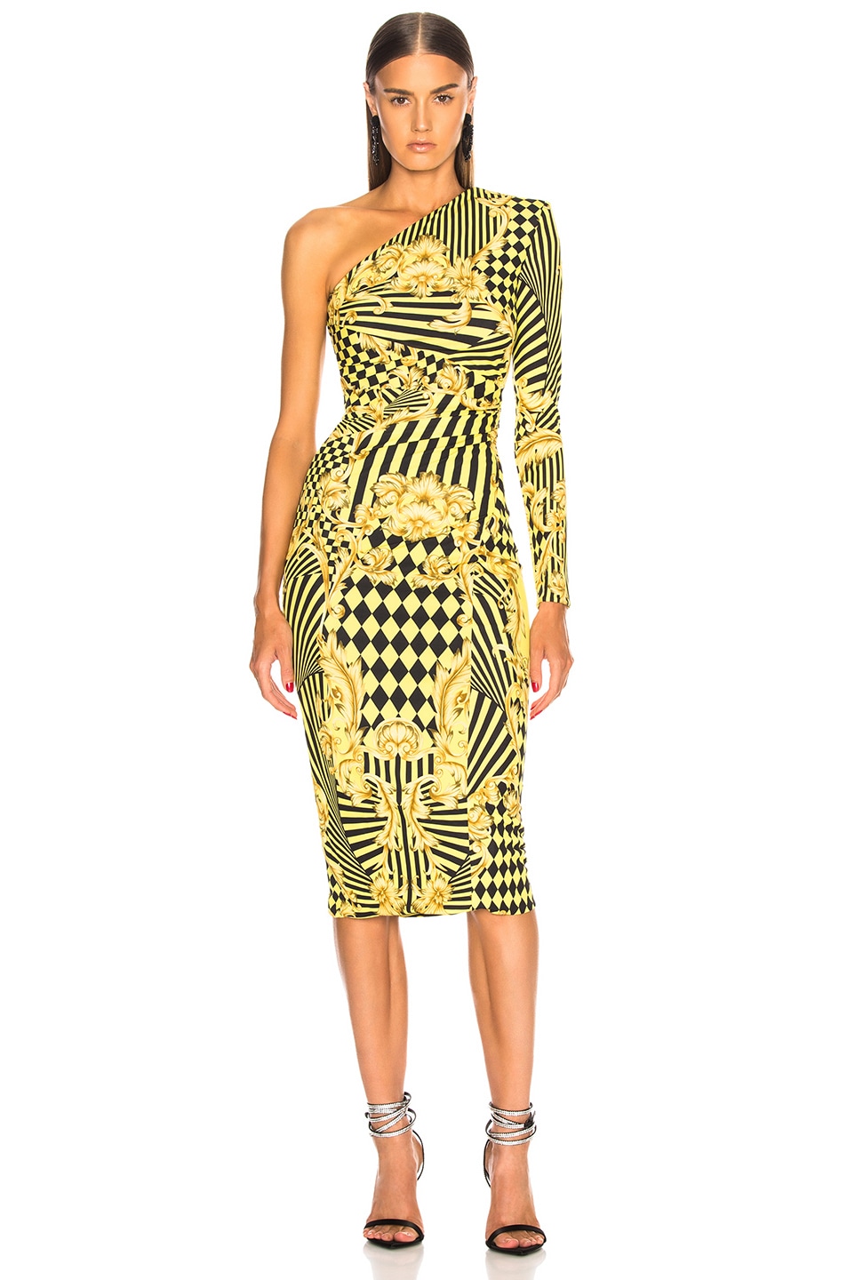 Image 1 of VERSACE Printed One Shoulder Cocktail Dress in Black & Yellow