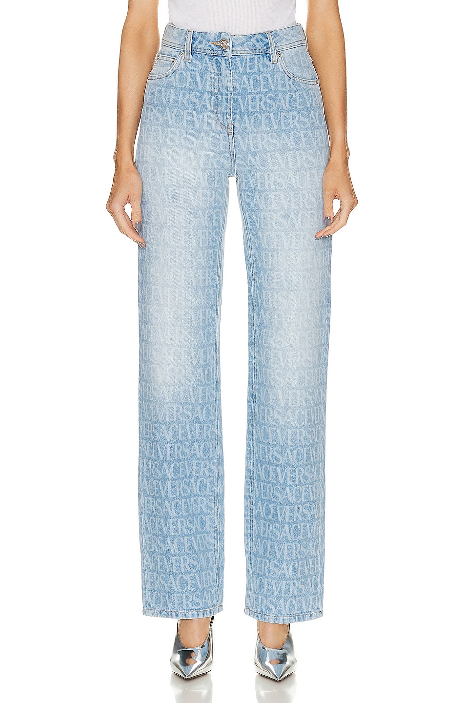 Image 1 of VERSACE All Over Logo Skinny in Light Blue
