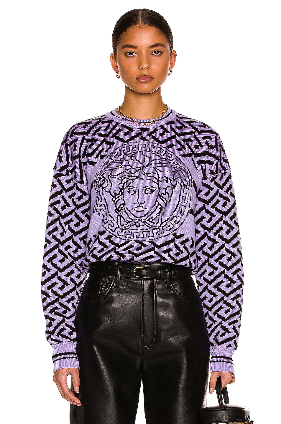 Image 1 of VERSACE Greca Long Sleeve Sweater in Orchid & Black