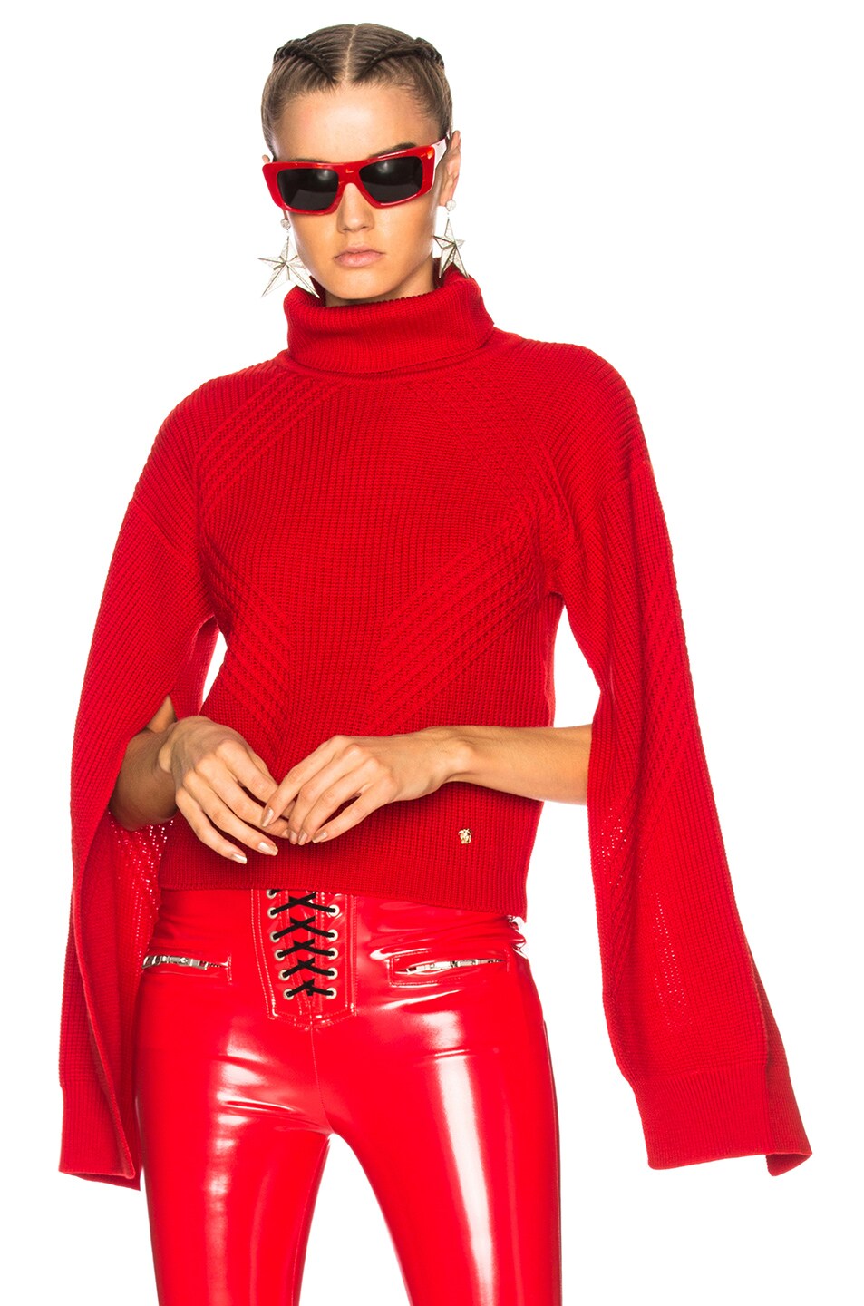 Image 1 of VERSACE Slit Sleeve Turtleneck Sweater in Spark Red
