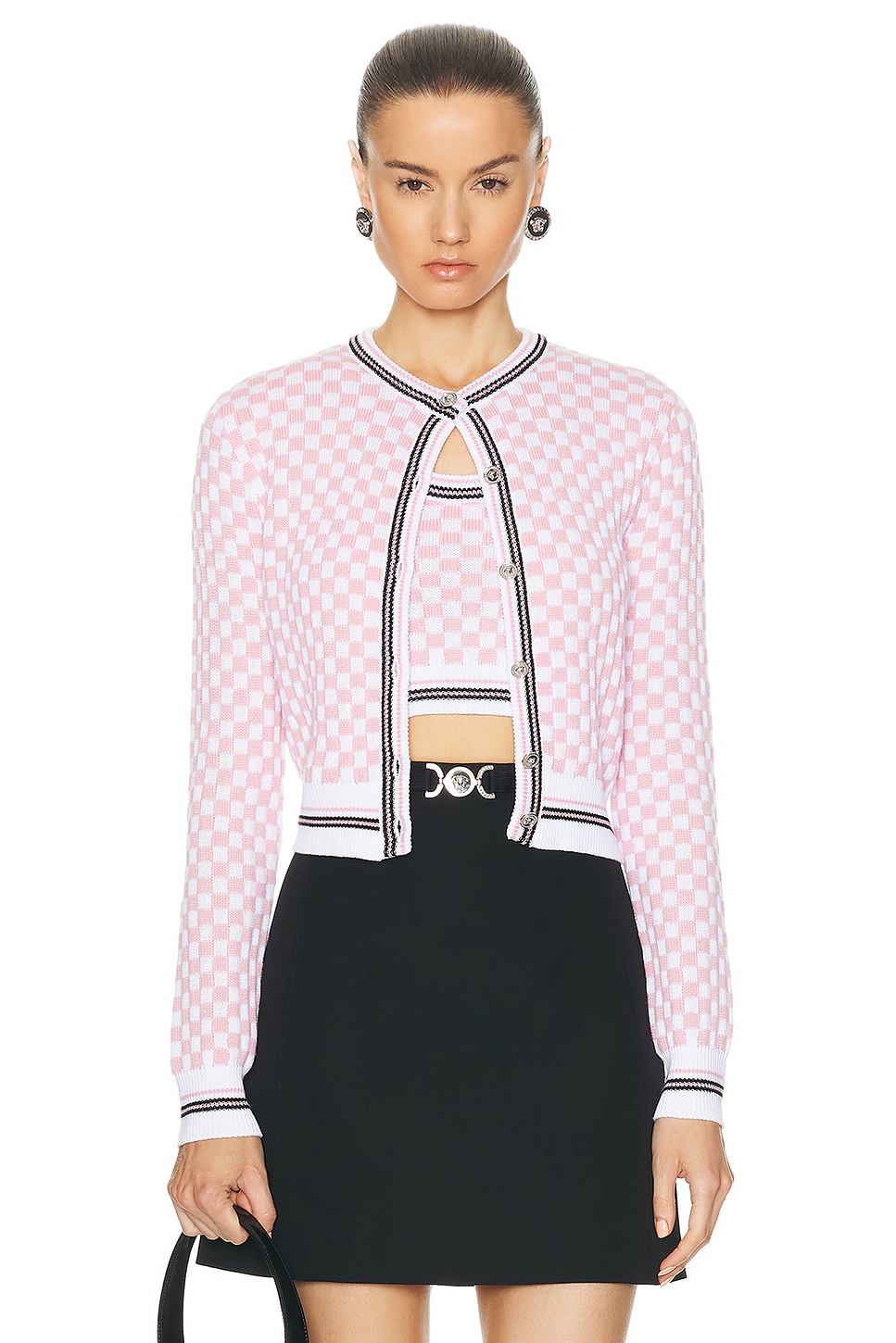 Image 1 of VERSACE Long Sleeve Cardigan in White & Pale Pink