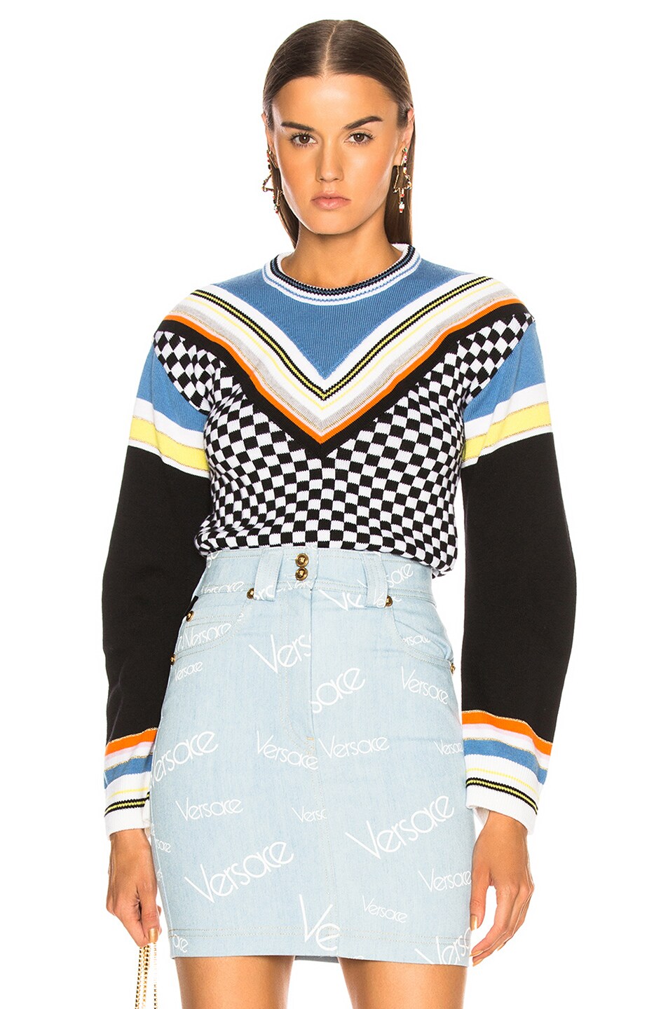 Image 1 of VERSACE Printed Crewneck Sweater in Navy & Multicolor