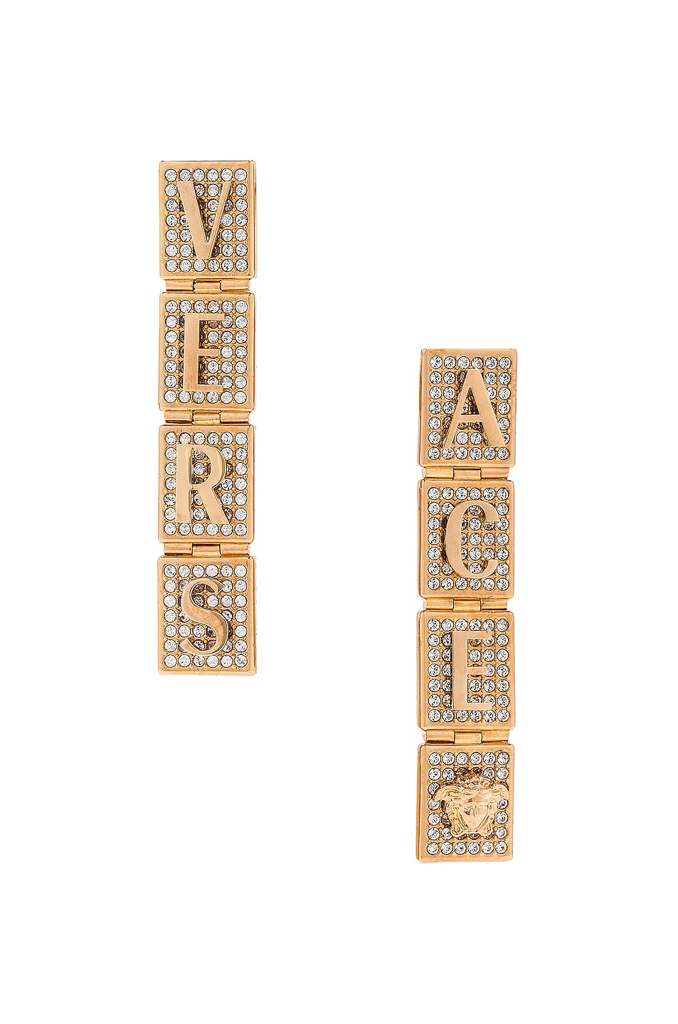 Image 1 of VERSACE Crystal Logo Drop Earrings in Oro & Crystal