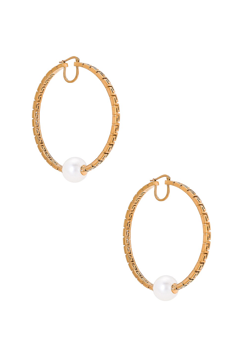 Image 1 of VERSACE Greca Pearl Hoop Earrings in Oro & Bianco