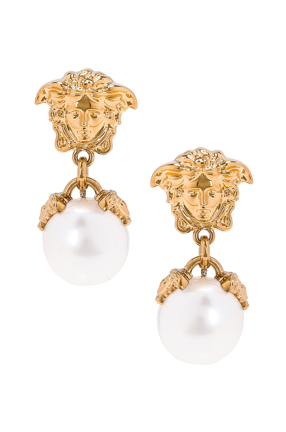 Image 1 of VERSACE Medusa Pearl Drop Earrings in Oro & Bianco
