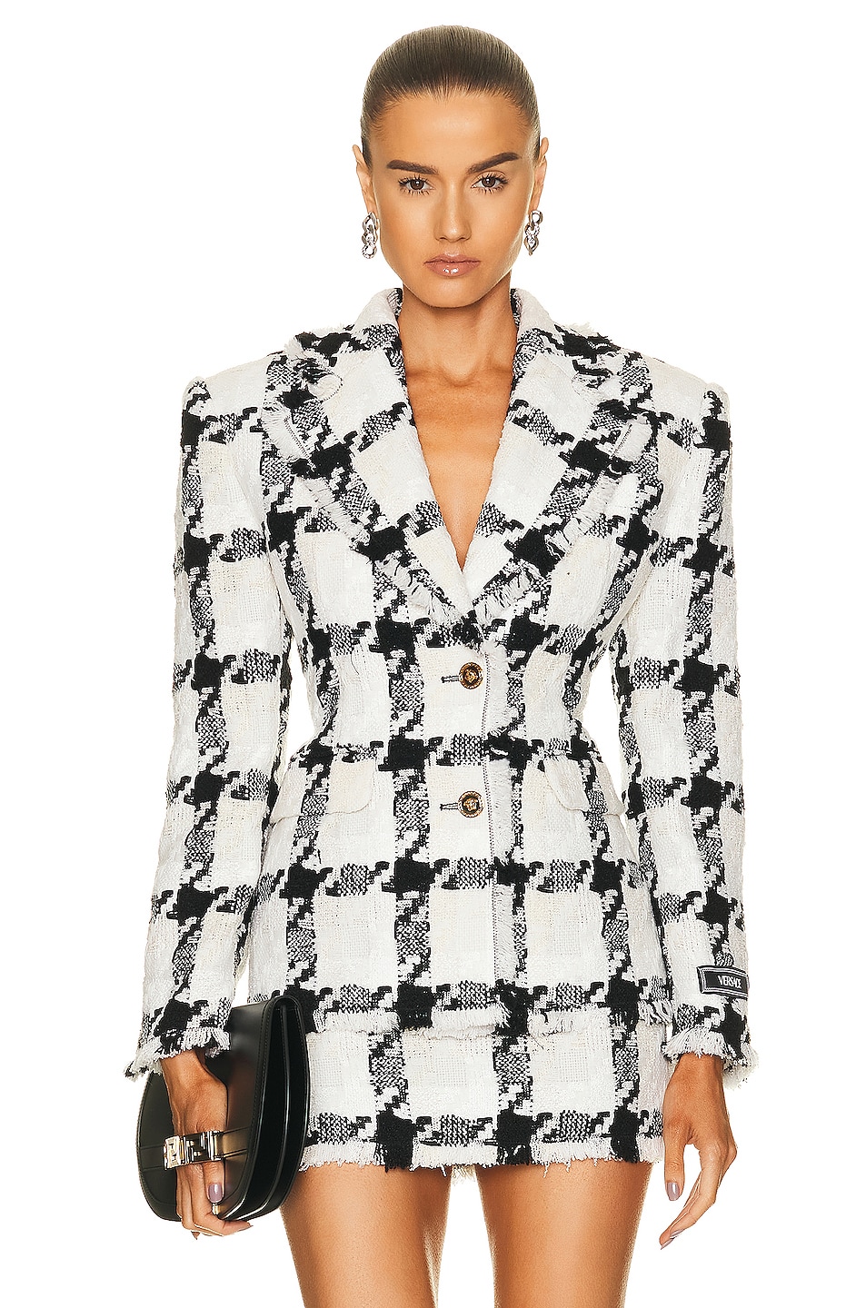 VERSACE Tweed Check Blazer in Bianco & Nero | FWRD