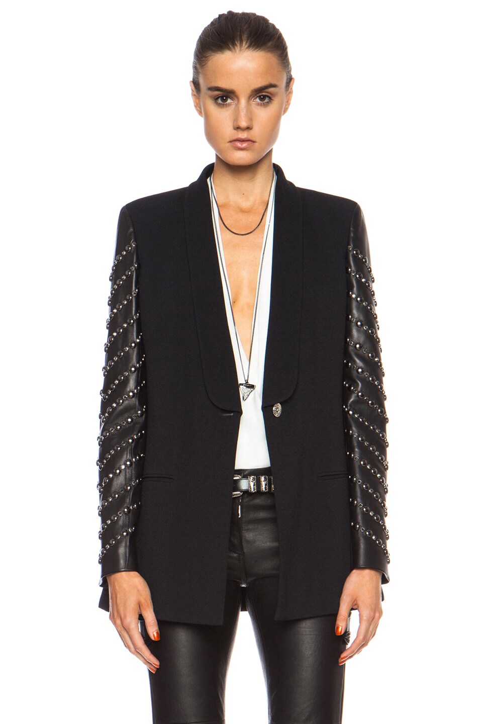 Image 1 of VERSACE One Button Blazer with Embellished Leather Sleeves in Black