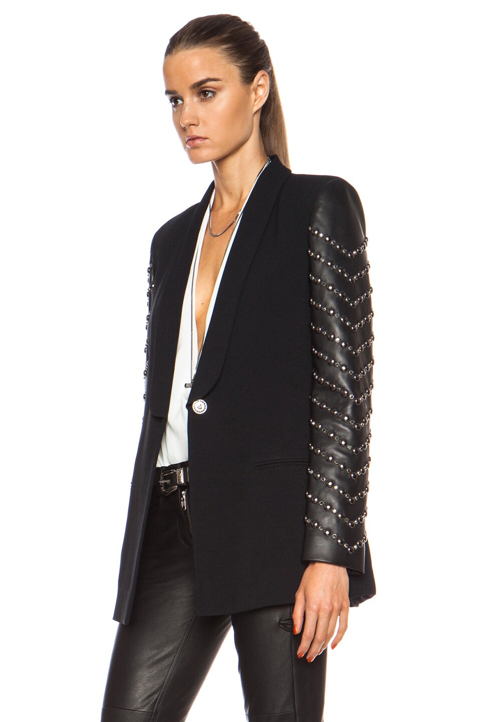 VERSACE One Button Blazer with Embellished Leather Sleeves in Black | FWRD