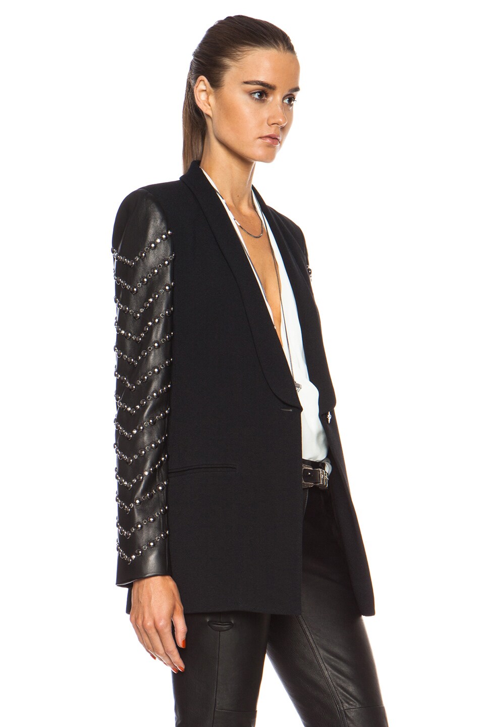 VERSACE One Button Blazer with Embellished Leather Sleeves in Black | FWRD