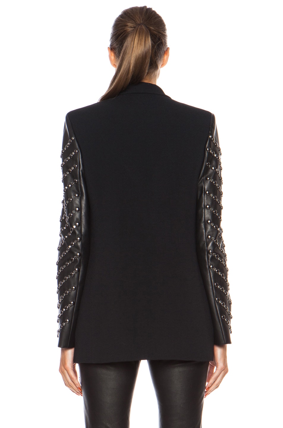 VERSACE One Button Blazer with Embellished Leather Sleeves in Black | FWRD