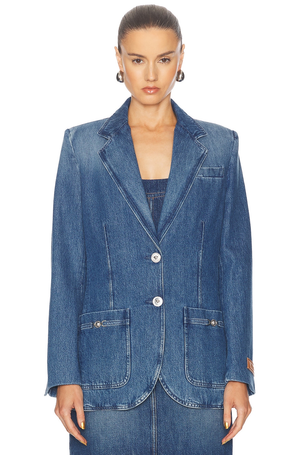 Shop Versace Denim Blazer In Blu Medio