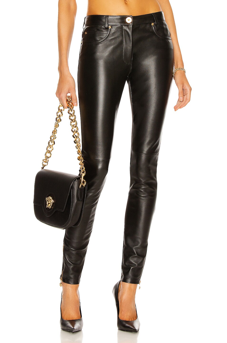 Image 1 of VERSACE Leather Skinny Pant in Nero