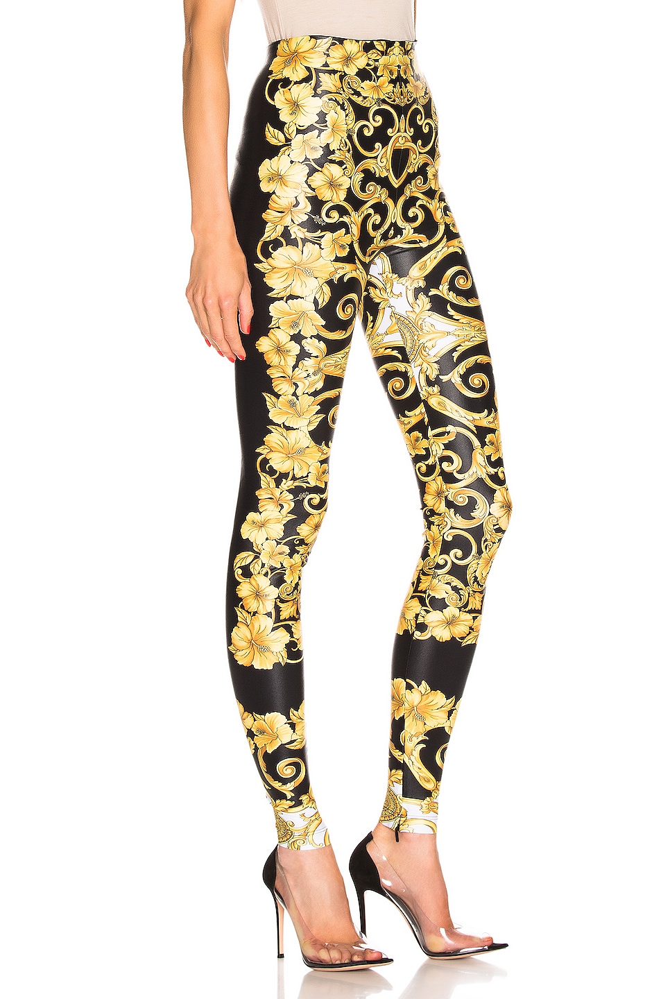 VERSACE Hibiscus Printed Leggings in Gold & Print | FWRD