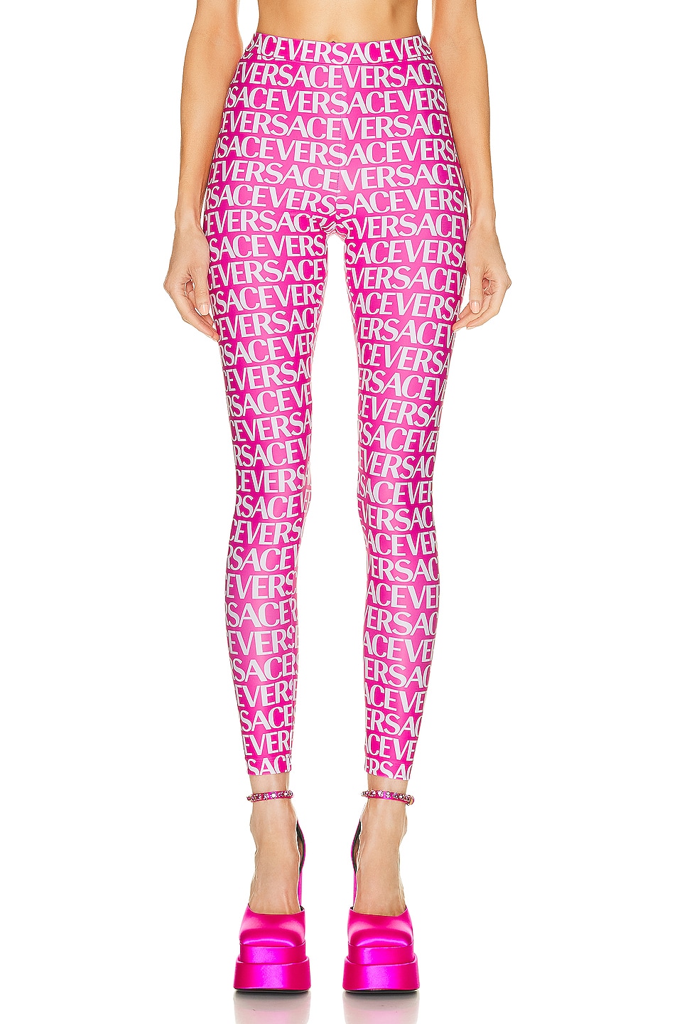 Image 1 of VERSACE All Over Logo Legging in Rosa & Bianco
