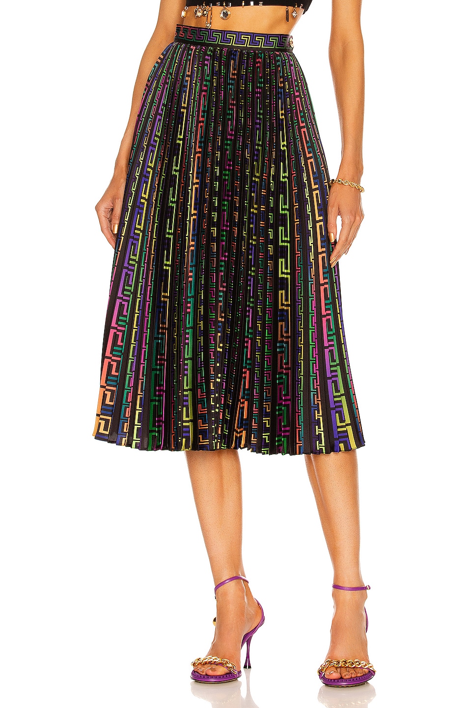 Image 1 of VERSACE Neon Greek Pleated Skirt in Multicolor & Nero