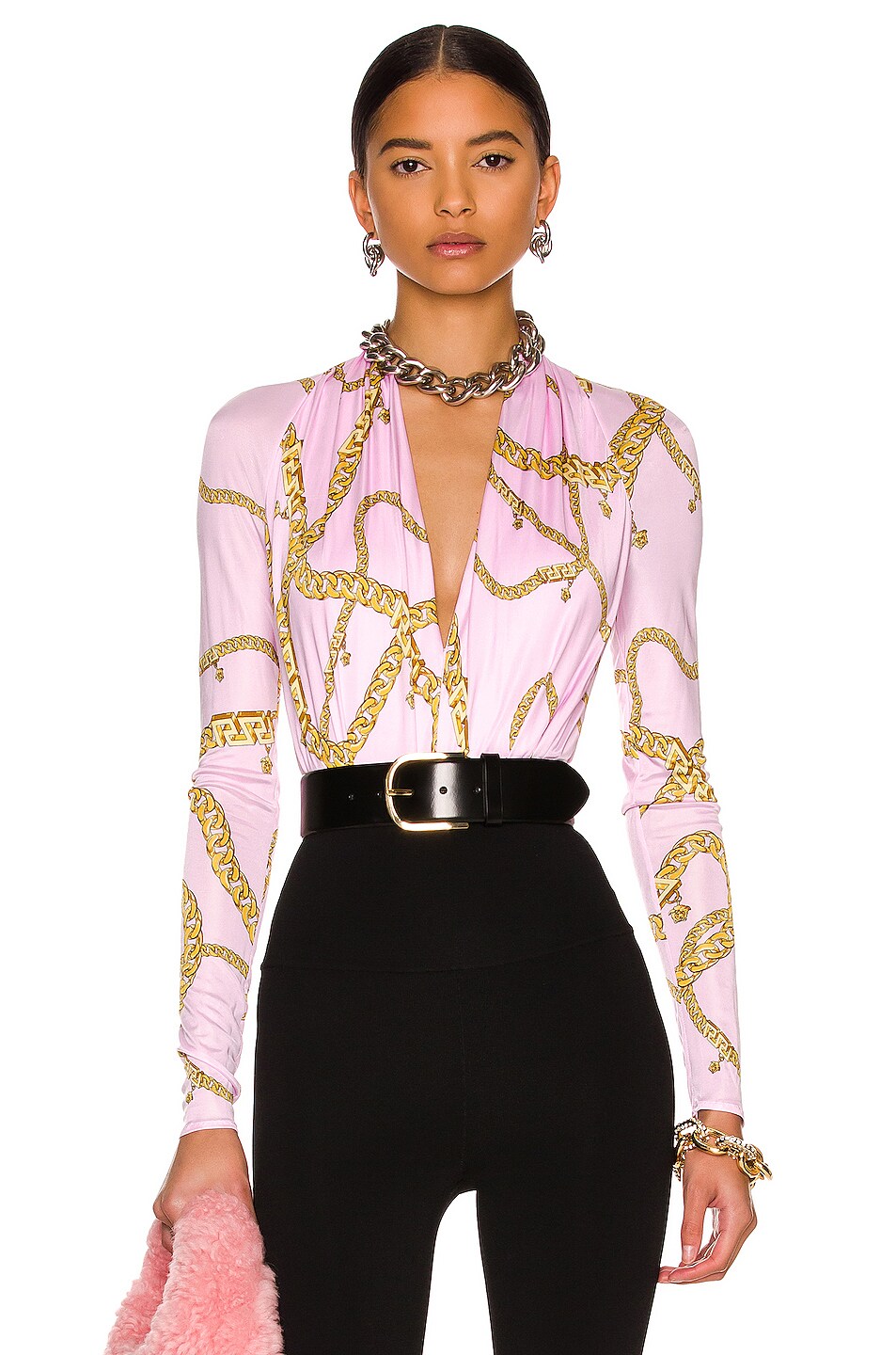 Image 1 of VERSACE Chain Long Sleeve Bodysuit in Candy & Oro