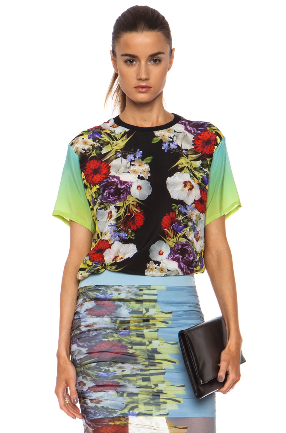 Image 1 of VERSACE Floral Silk Tee with Contrast Sleeves in Multi