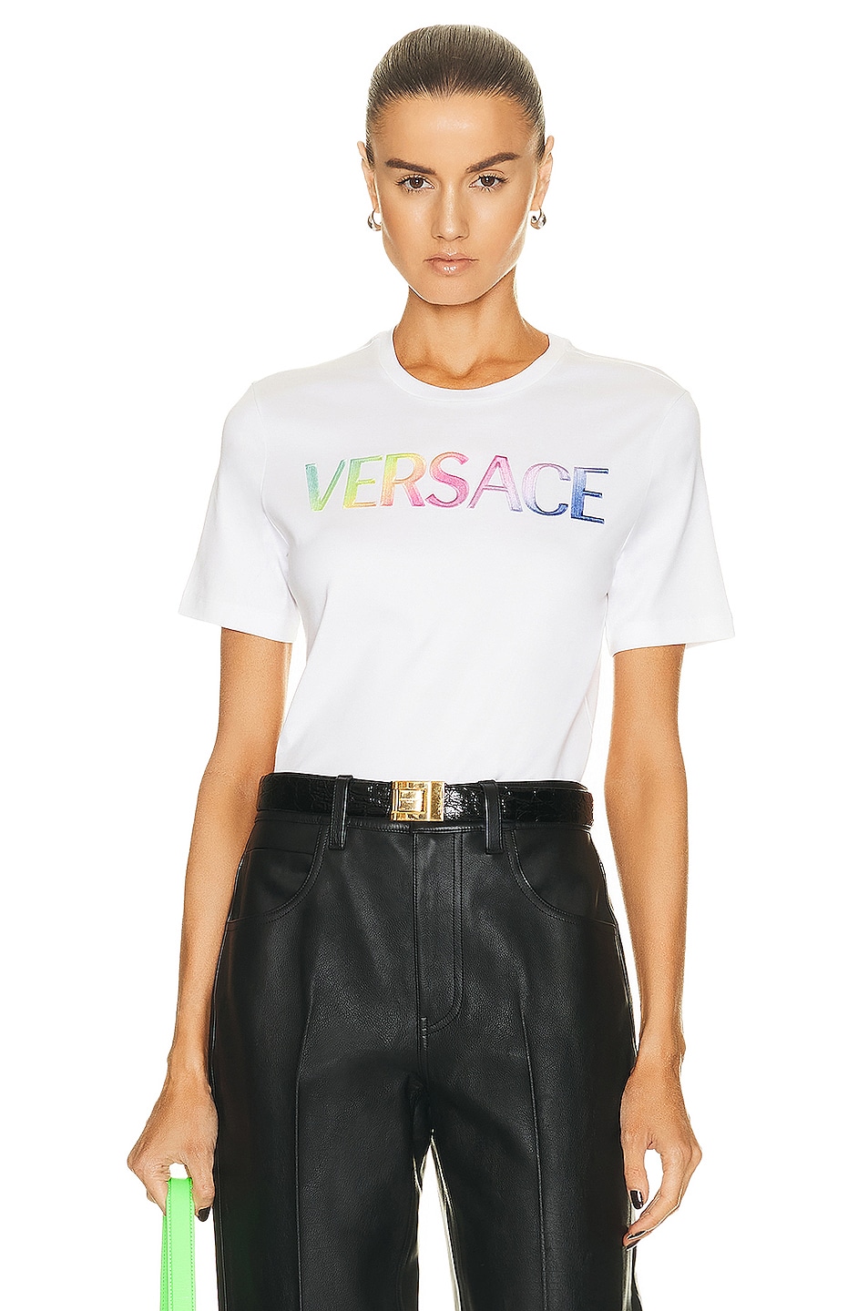 Image 1 of VERSACE Logo Rainbow T-Shirt in Bianco & Multicolor