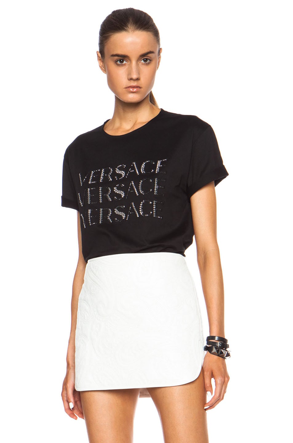 Image 1 of VERSACE Sequin Triple Logo Cotton Tee in Black