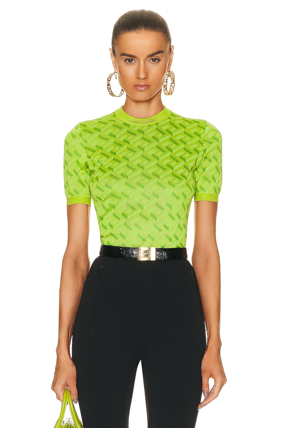 Image 1 of VERSACE La Greca Short Sleeve Shirt in Acid Green & Green