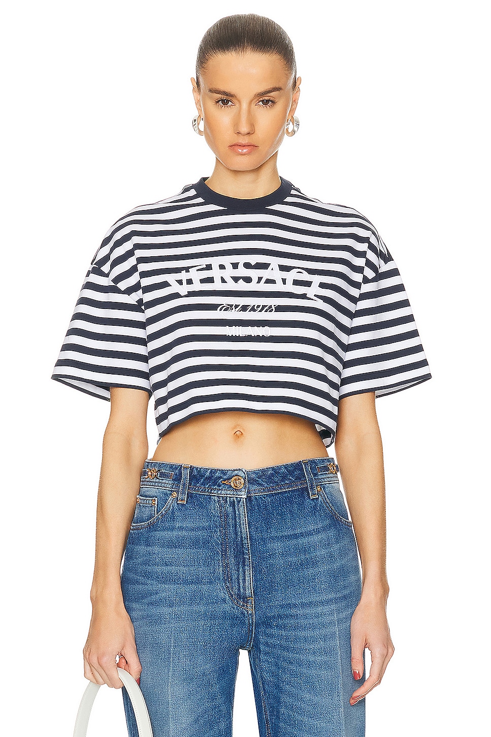 Image 1 of VERSACE Nautical Striped Tee in White & Navy