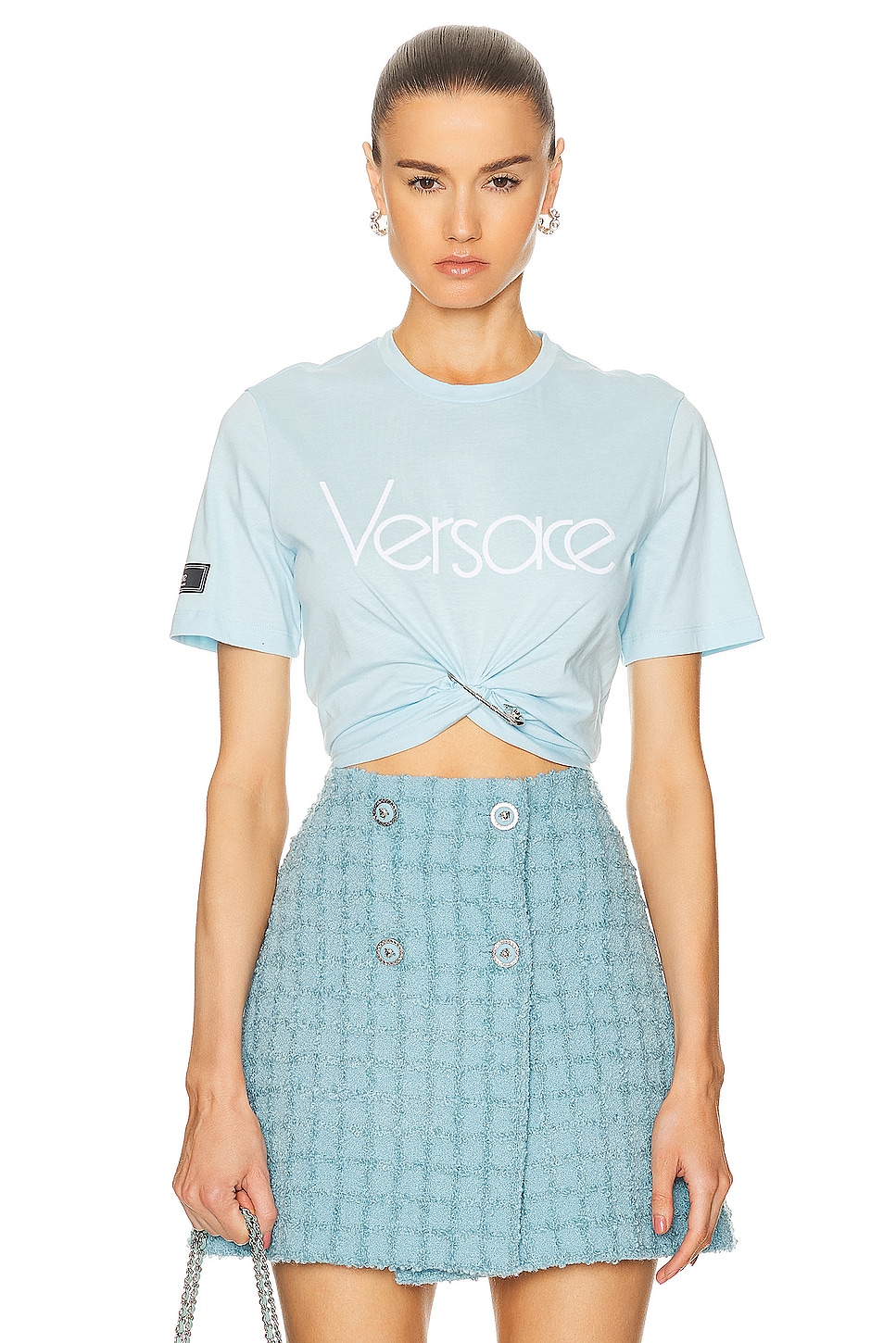 Image 1 of VERSACE Logo T-shirt in Pale Blue+bianco