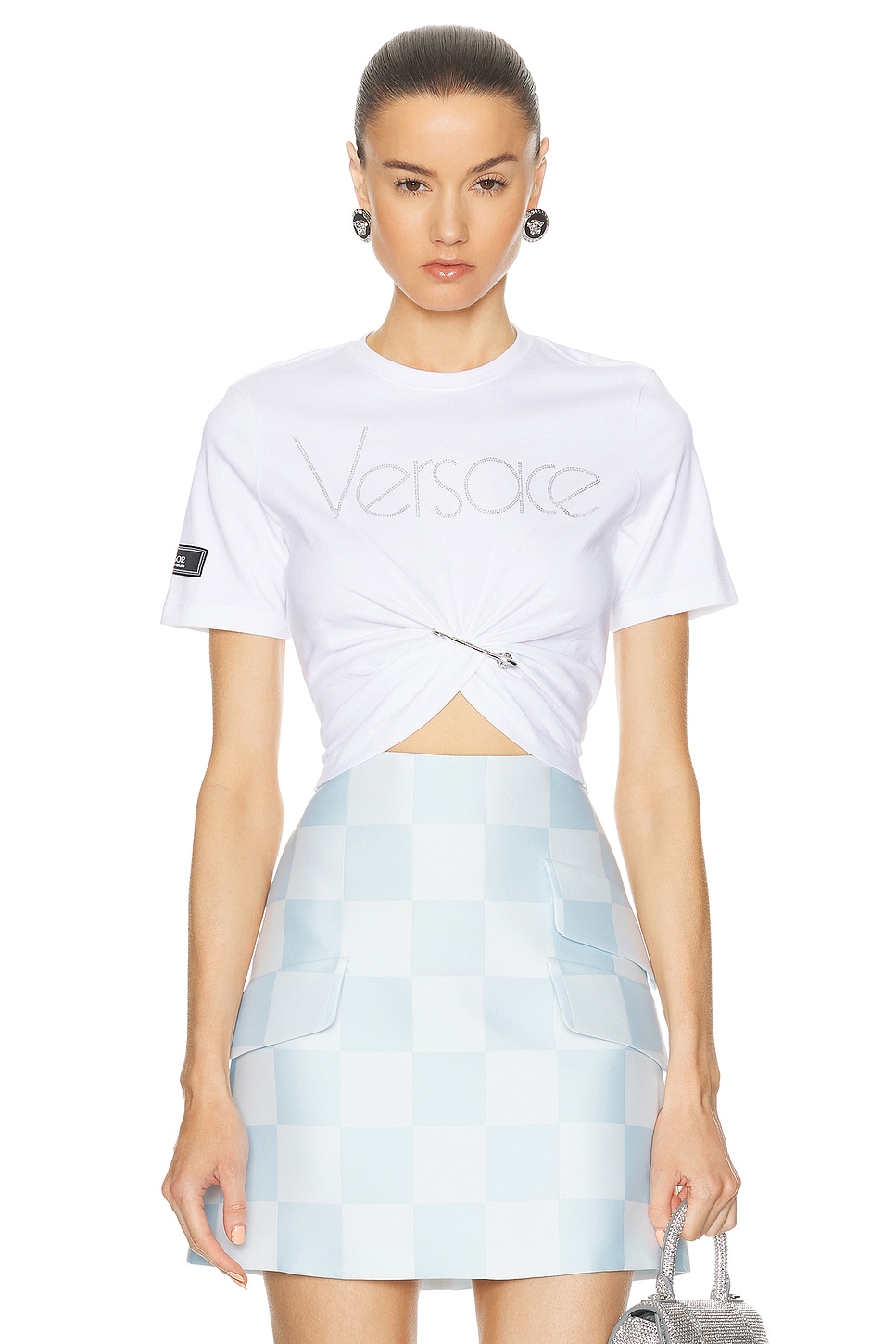 Image 1 of VERSACE Logo T-shirt in White & Crystal