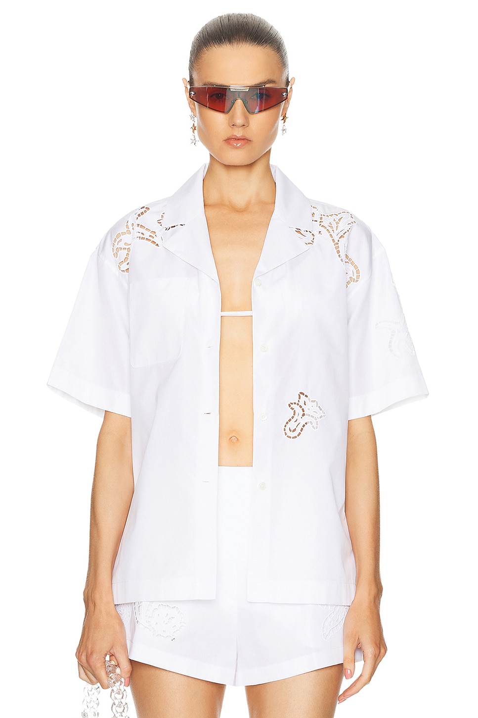 Shop Versace Short Sleeve Button Up Top In Bianco Ottico