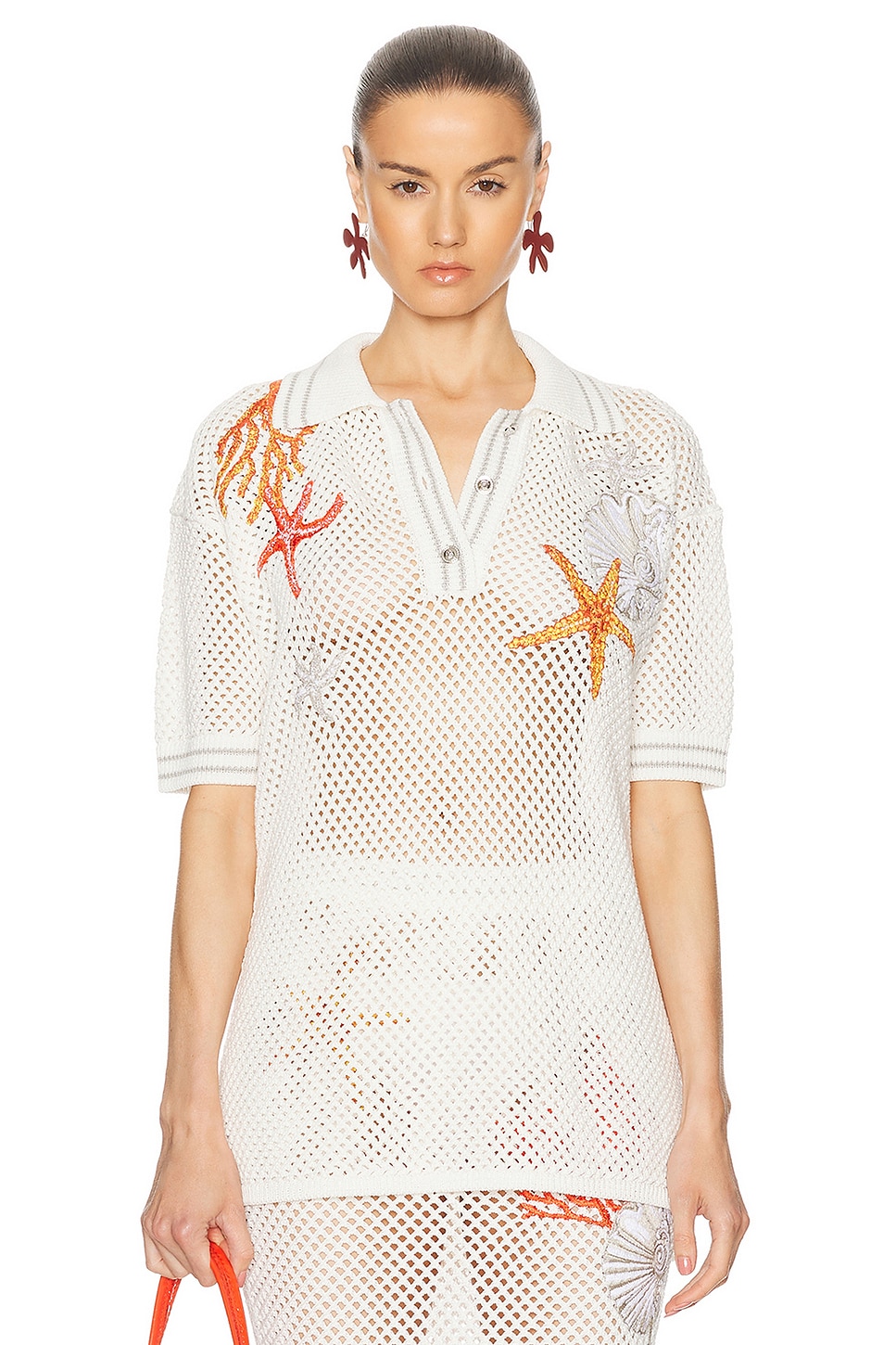 Shop Versace Embroidered Polo Top In Ivory