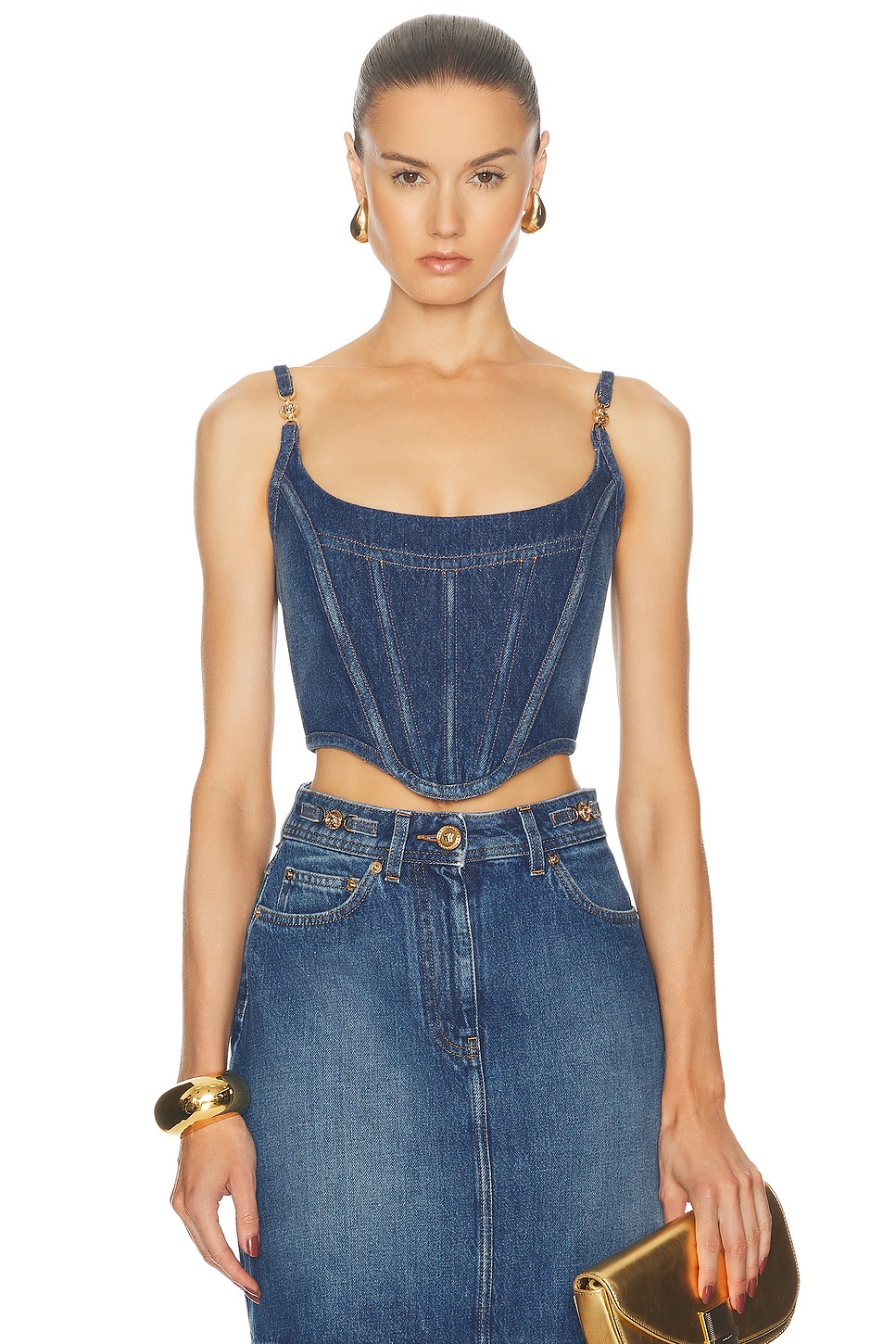 Shop Versace Corset Tank Top In Blu Medio