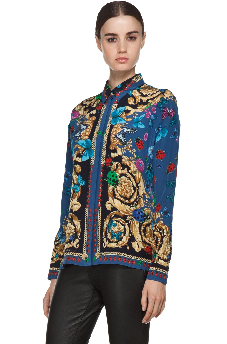 VERSACE Ladybug Floral Print Silk Blouse in Blue | FWRD