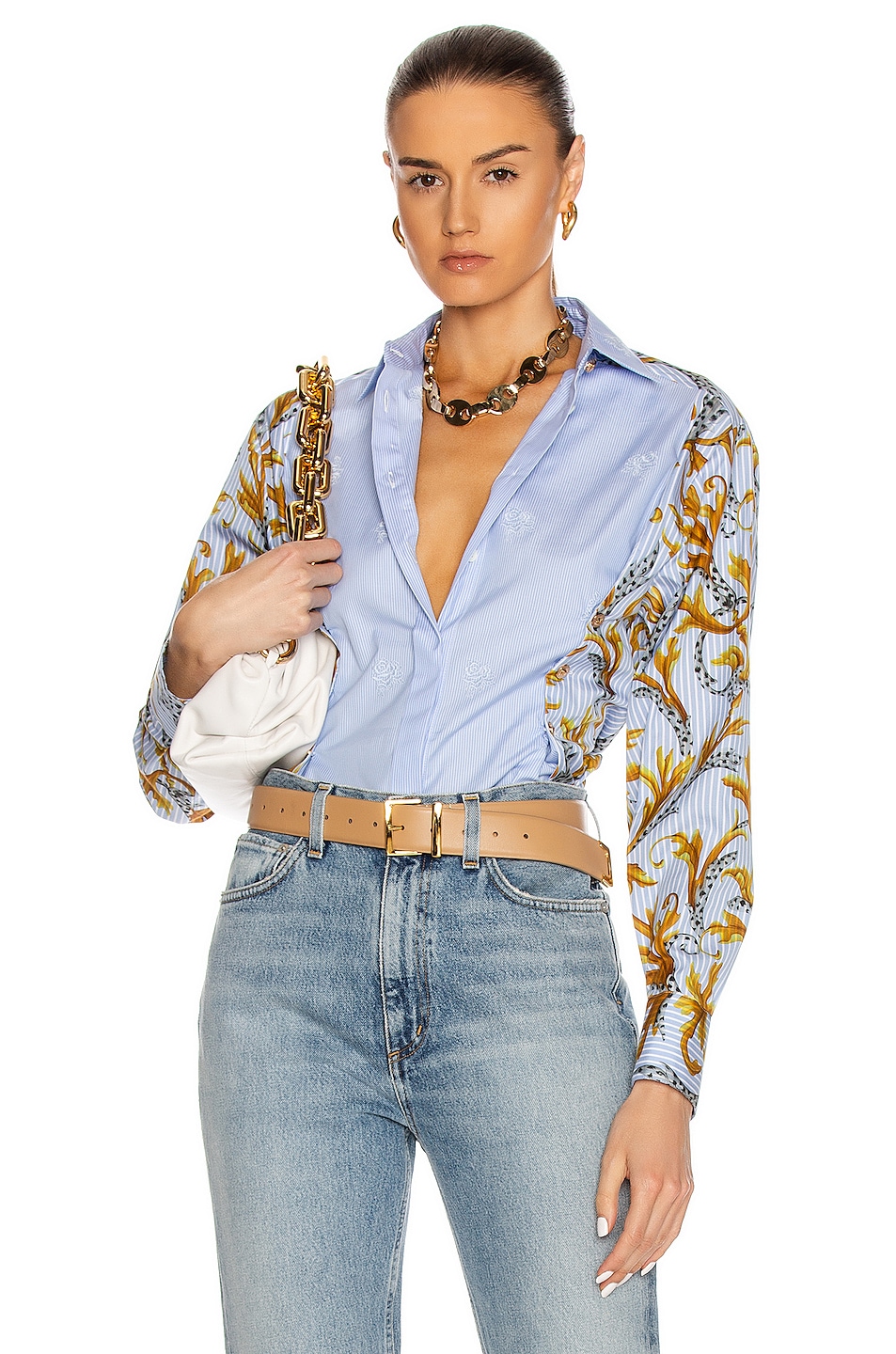 VERSACE Button Down Long Sleeve Top in Blue & Gold | FWRD