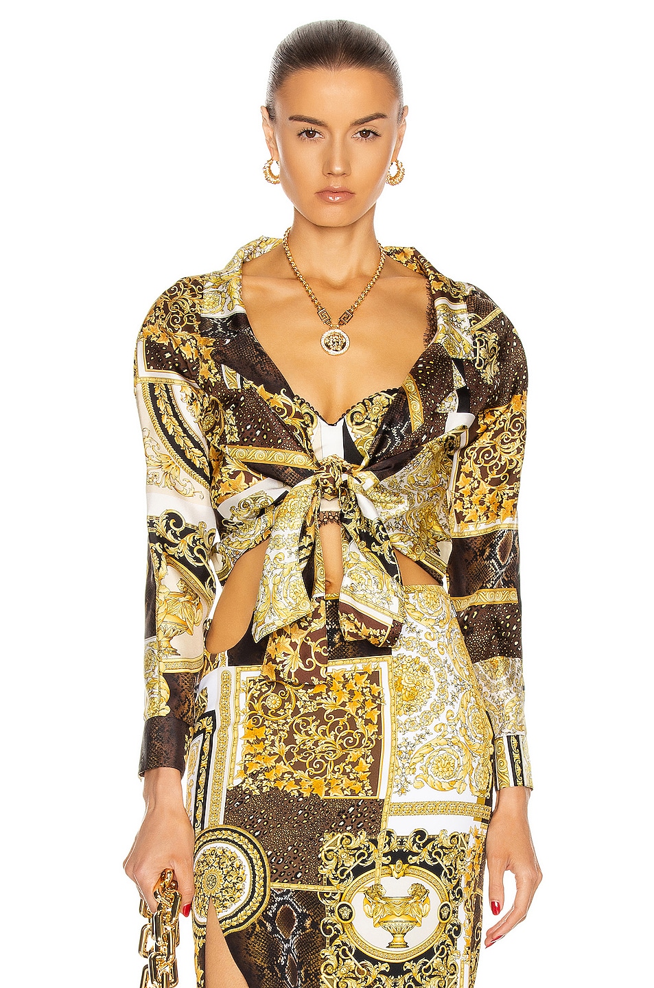 Image 1 of VERSACE Barocco Tie Blouse in Gold & Brown