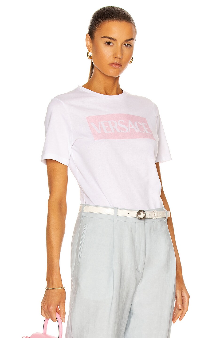 Image 1 of VERSACE Short Sleeve T Shirt in Bianco & Rosa