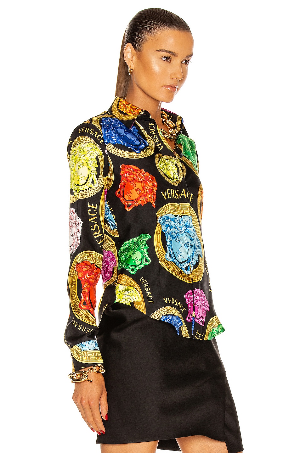 VERSACE Medusa Amplified Long Sleeve Button Up Top in Nero & Multicolor ...