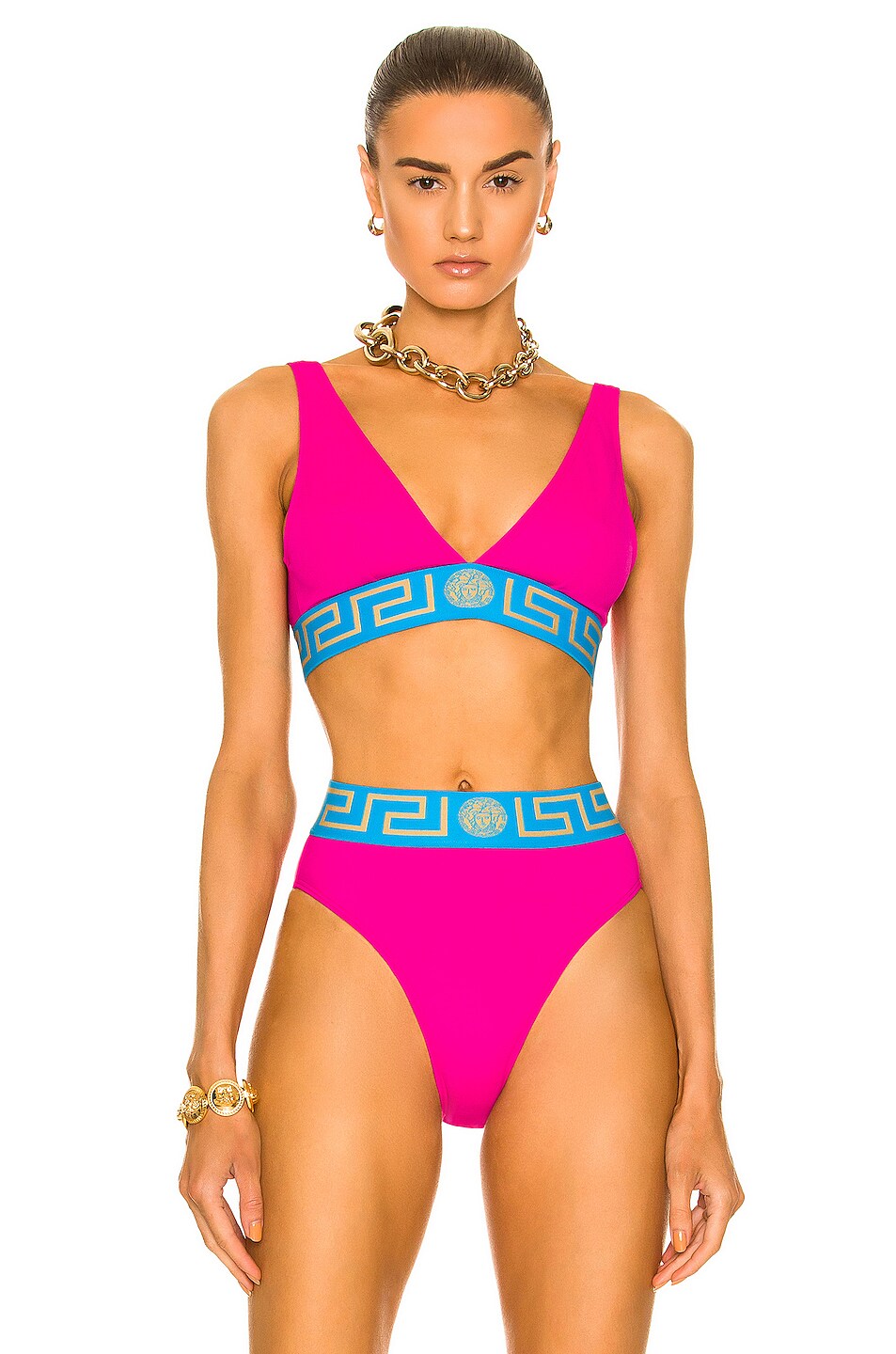 Image 1 of VERSACE Greca Band Triangle Bikini Top in Cerise & Teal