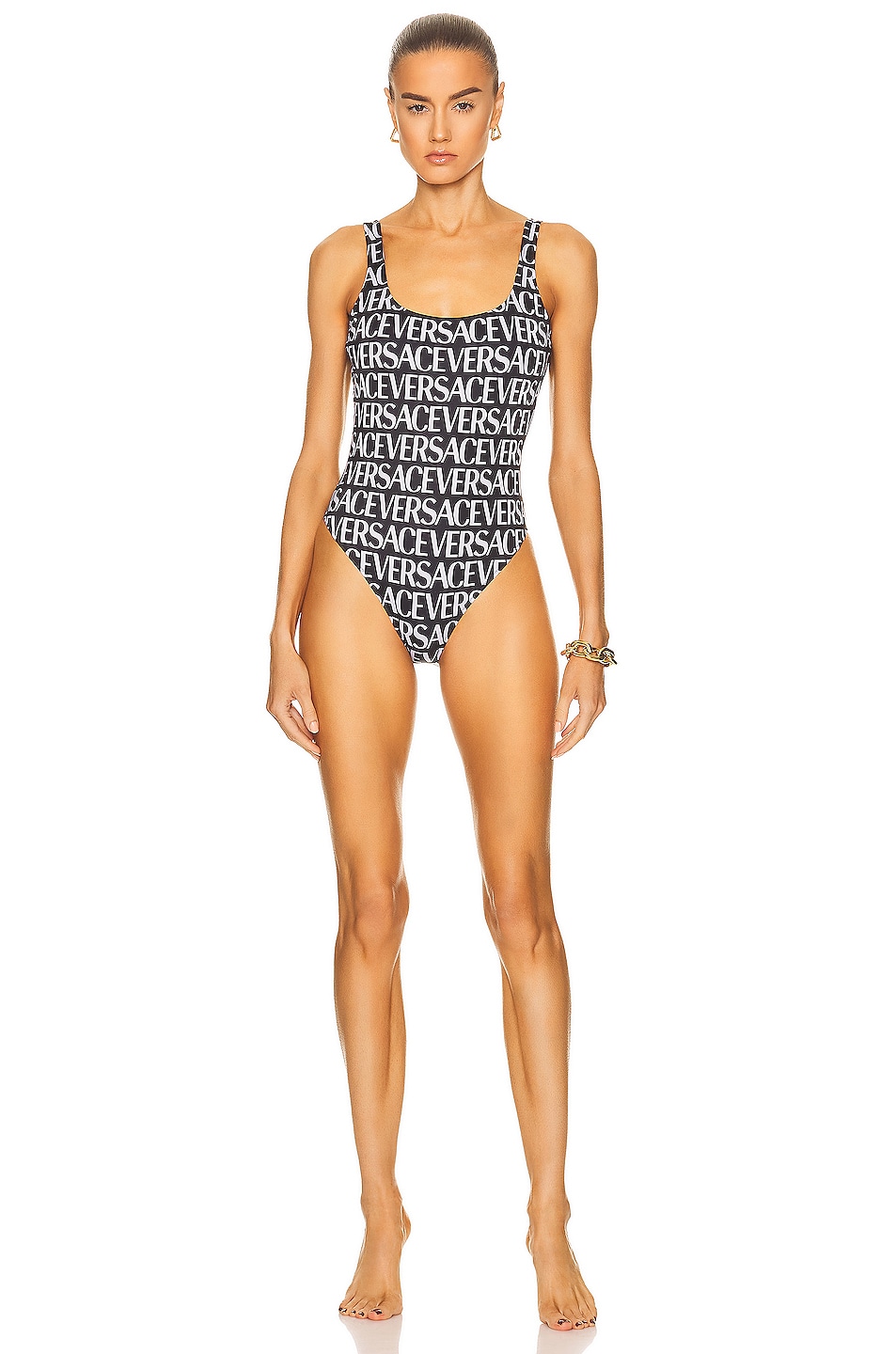Image 1 of VERSACE All Over Logo One Piece Swimsuit in Nero & Bianco