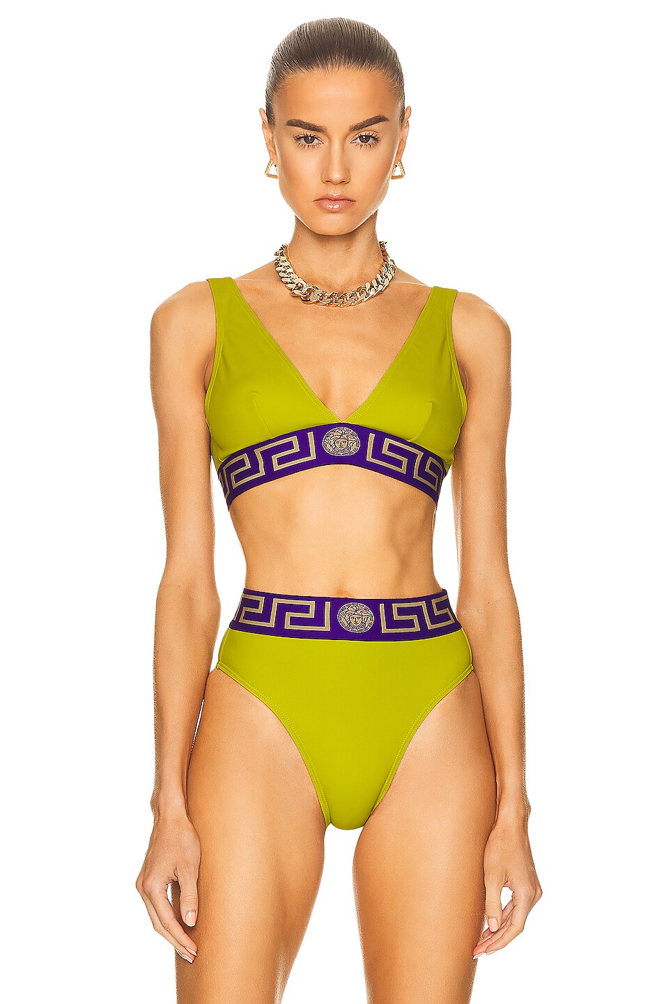 Image 1 of VERSACE Iconic Thick Strap Bikini Top in Pale Avocado & Purple
