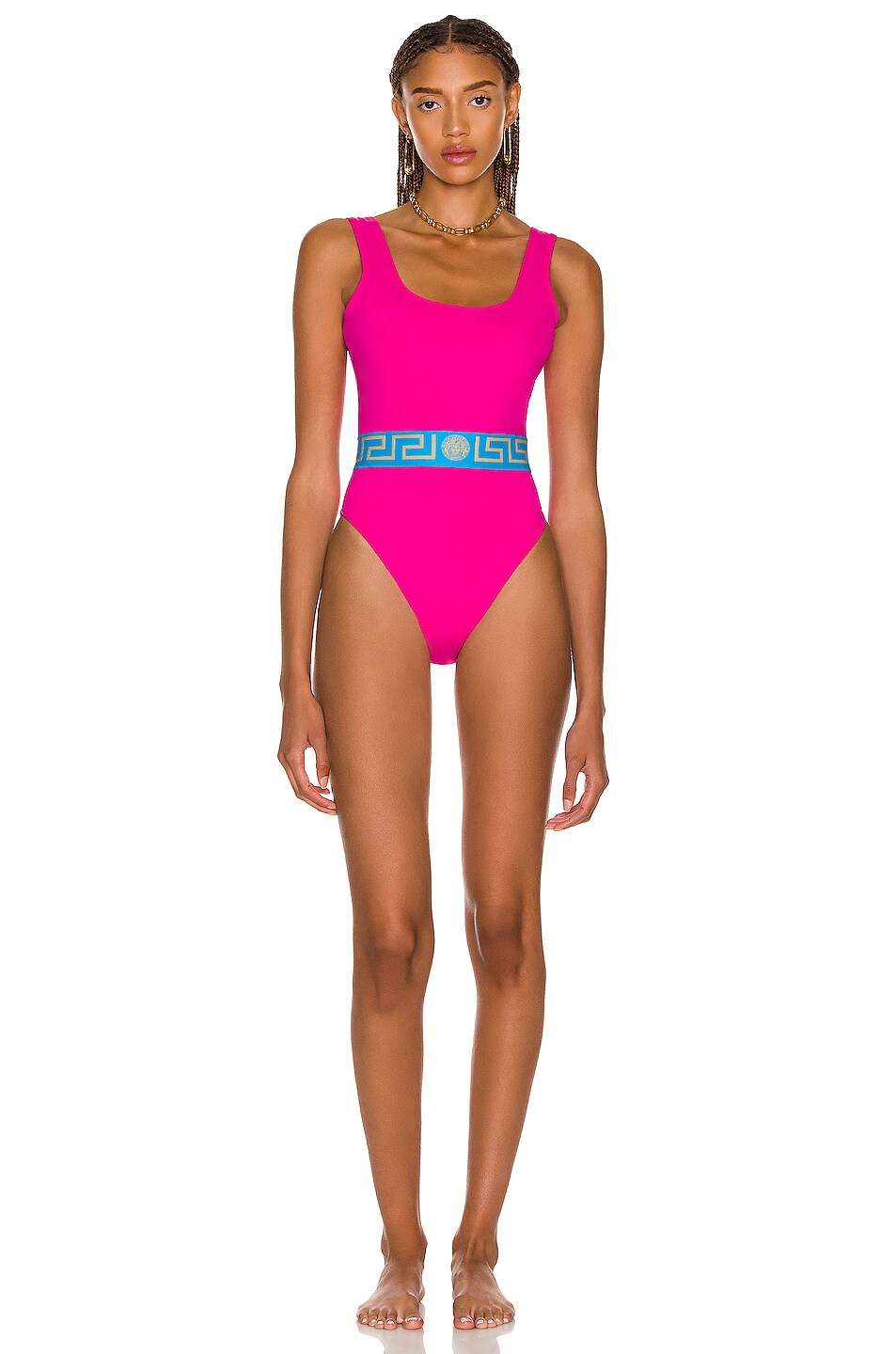 Image 1 of VERSACE Greca Band One Piece Swimsuit in Cerise & Teal