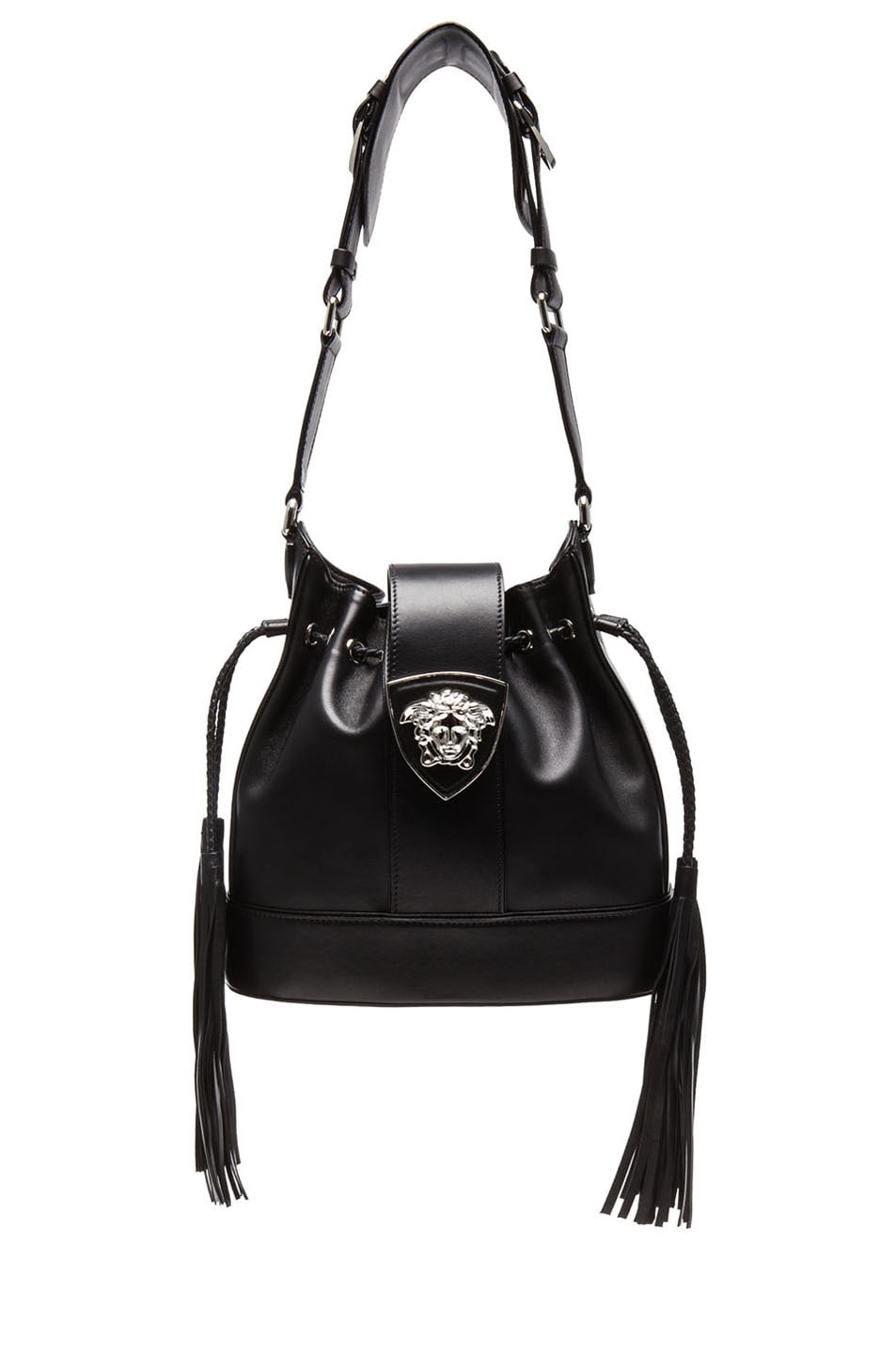 Image 1 of VERSACE Fringe Leather Bucket Bag with Medusa Head in Black & Silver