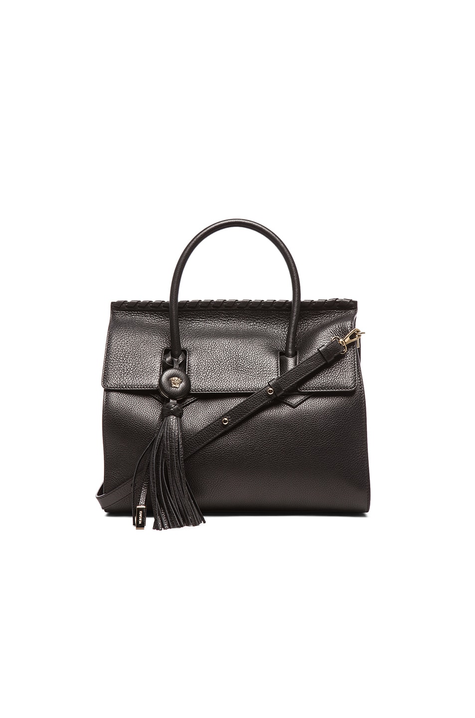 Image 1 of VERSACE Embossed Leather Satchel with Tassel in Black & Gold