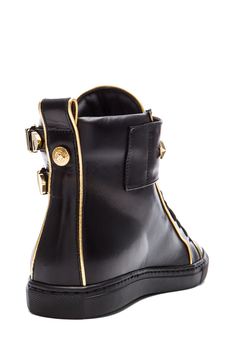 VERSACE Leather Gold Trim Sneakers in Black FWRD