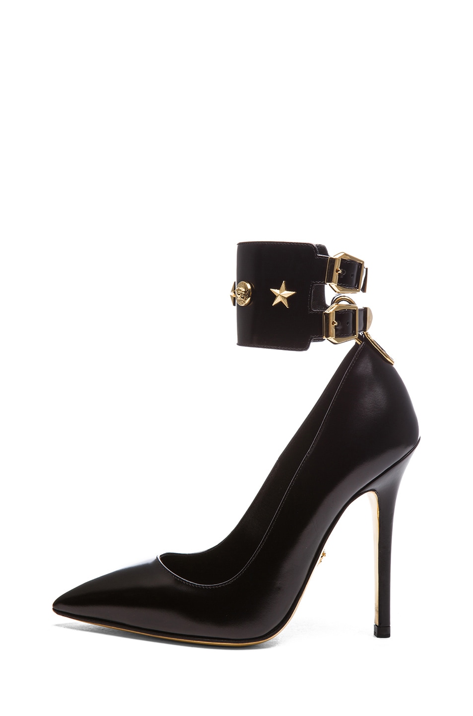 Image 1 of VERSACE Leather Ankle Strap Pointy Toe Pump in Black & Gold