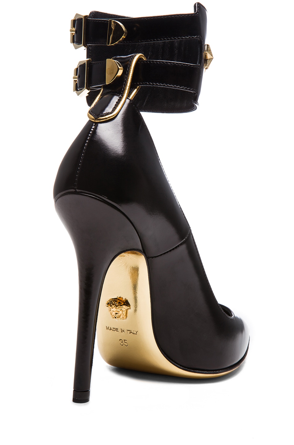 VERSACE Leather Ankle Strap Pointy Toe Pump in Black & Gold | FWRD