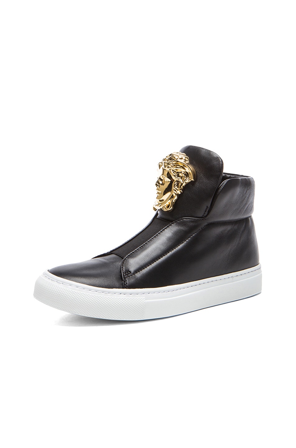 VERSACE Medusa Head Laceless Leather Sneakers in Black & Gold | FWRD